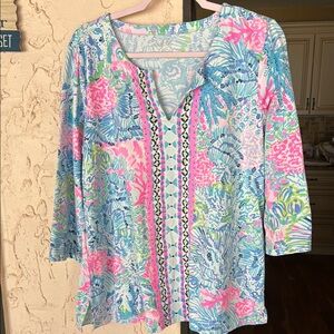 Lilly Pulitzer Blue and Pink Graphic Tunic Blouse